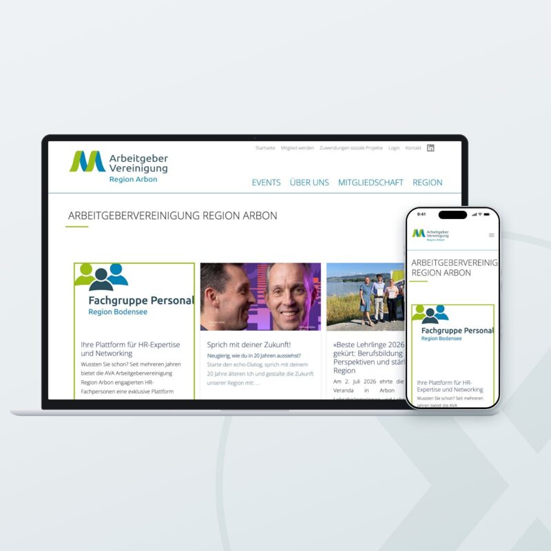 Website von AVA Arbeitgebervereinigung Region Arbon auf Laptop und Smartphone