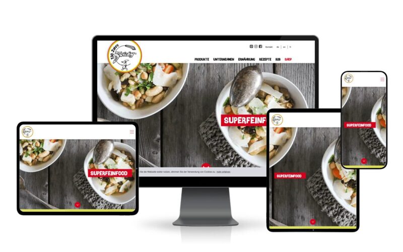 Startseite von zwicky.swiss mit dem Slider «Superfeinfood» auf Monitor, Tablets und Smartphone