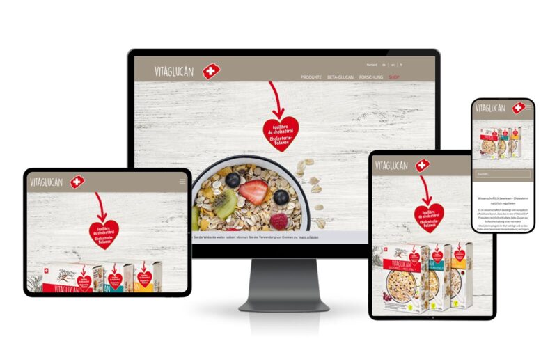 Website vitaglucan.ch auf Monitor, Tablets und Smartphone: Müeslischale und Herz «Cholesterin-Balance»
