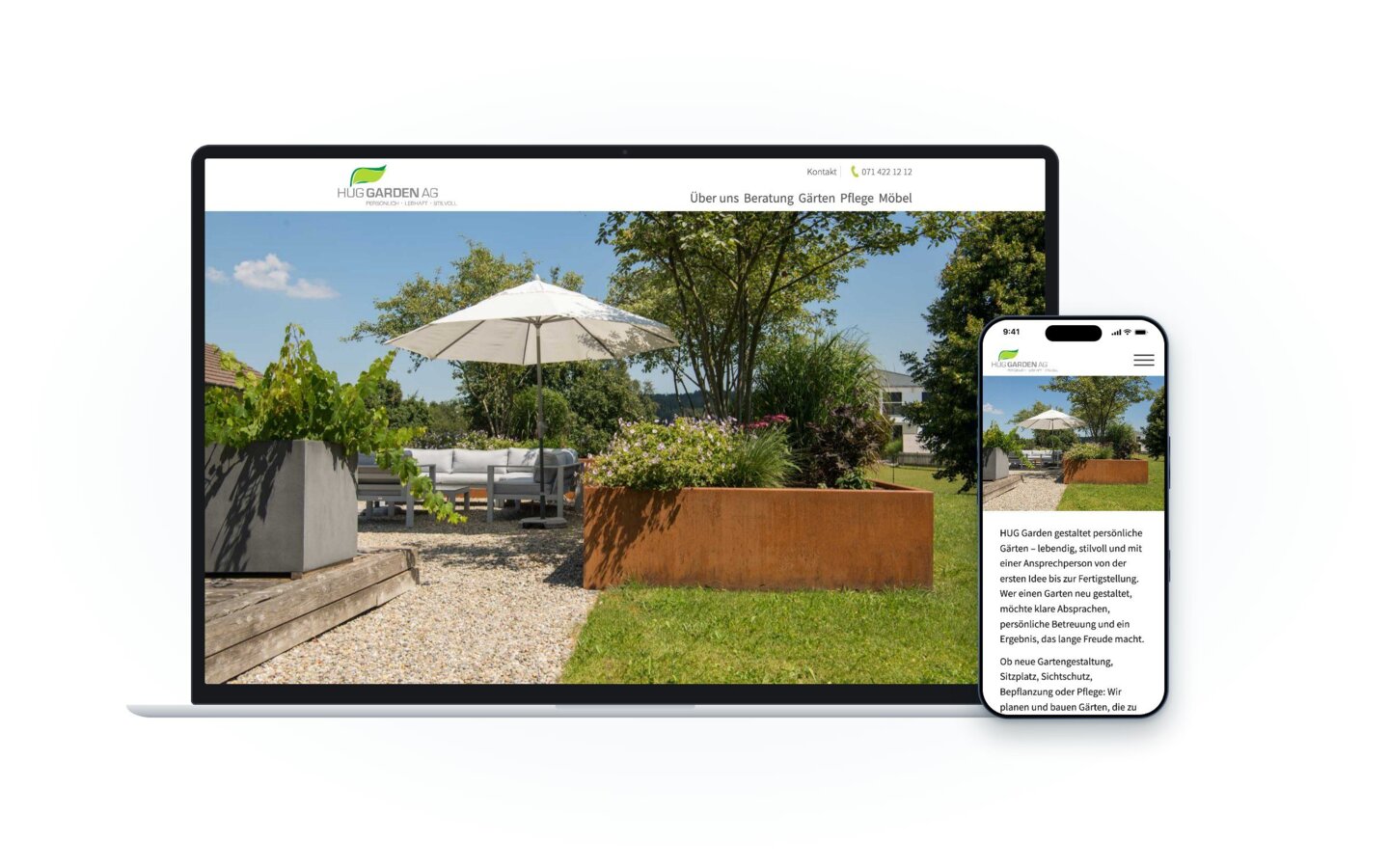 Website von Hug Garden AG auf Laptop und Smartphone