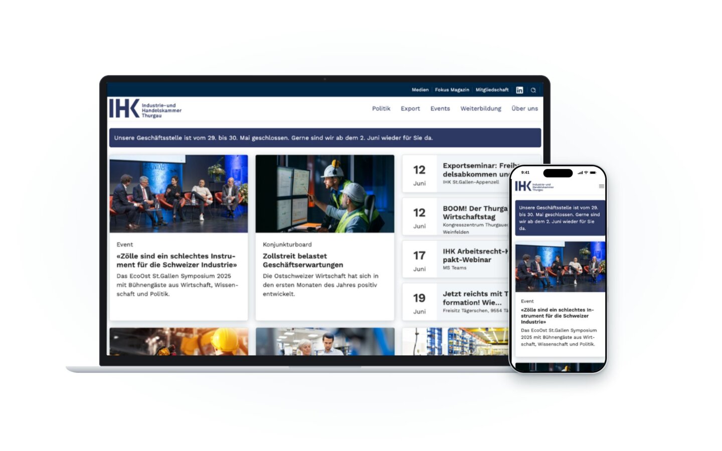 Website von Industrie- und Handelskammer Thurgau auf Laptop und Smartphone