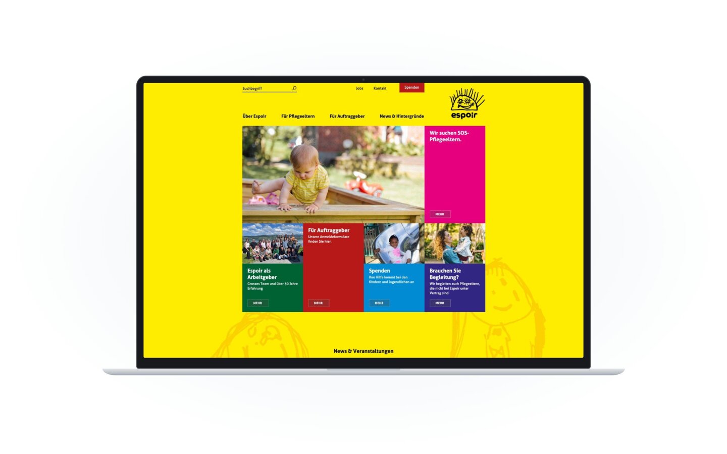 Website von Verein Espoir auf dem Laptop