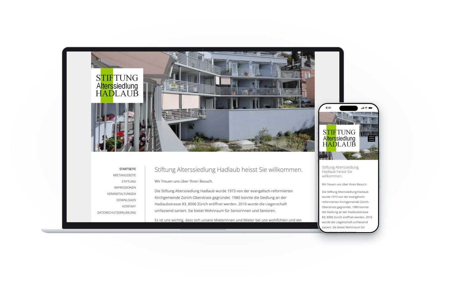 Website der Stiftung Alterssiedlung Hadlaub auf Laptop und Smartphone