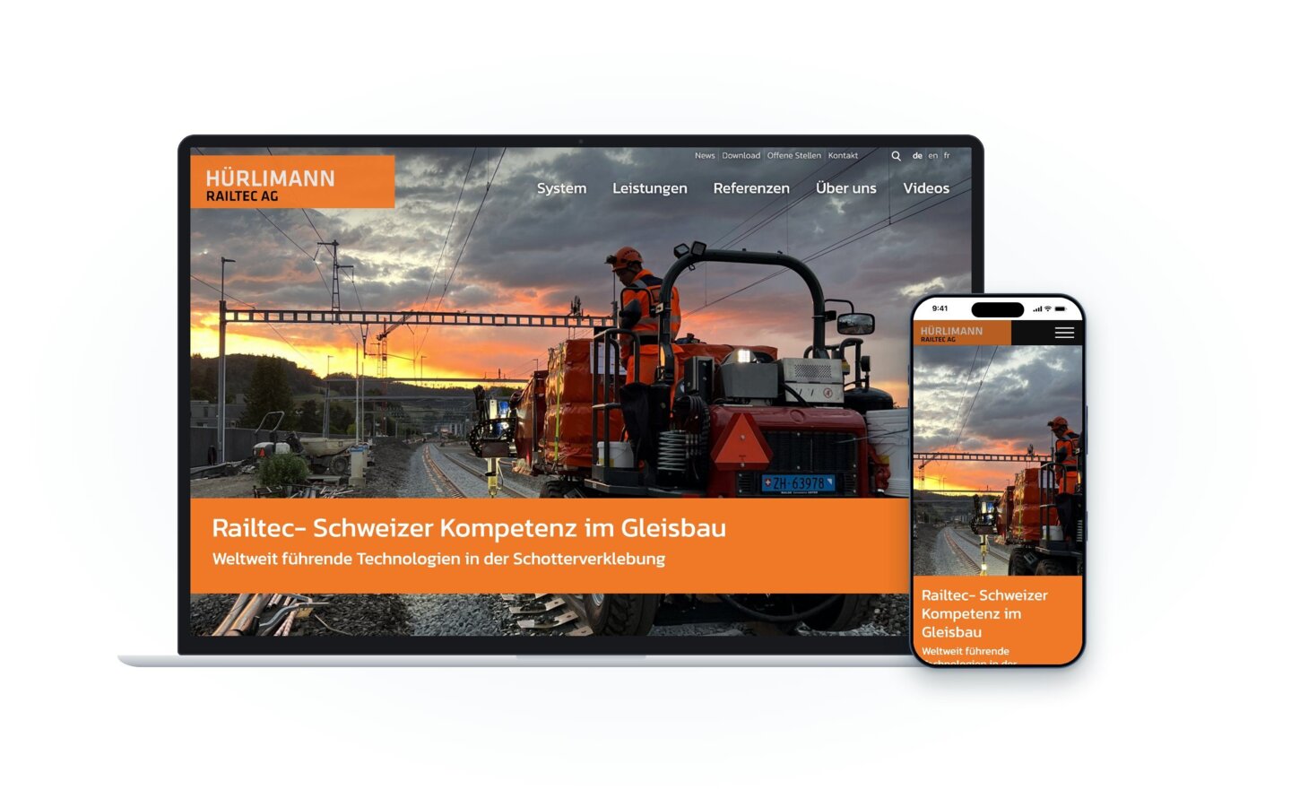 Website von Hürlimann Railtec AG auf Laptop und Smartphone