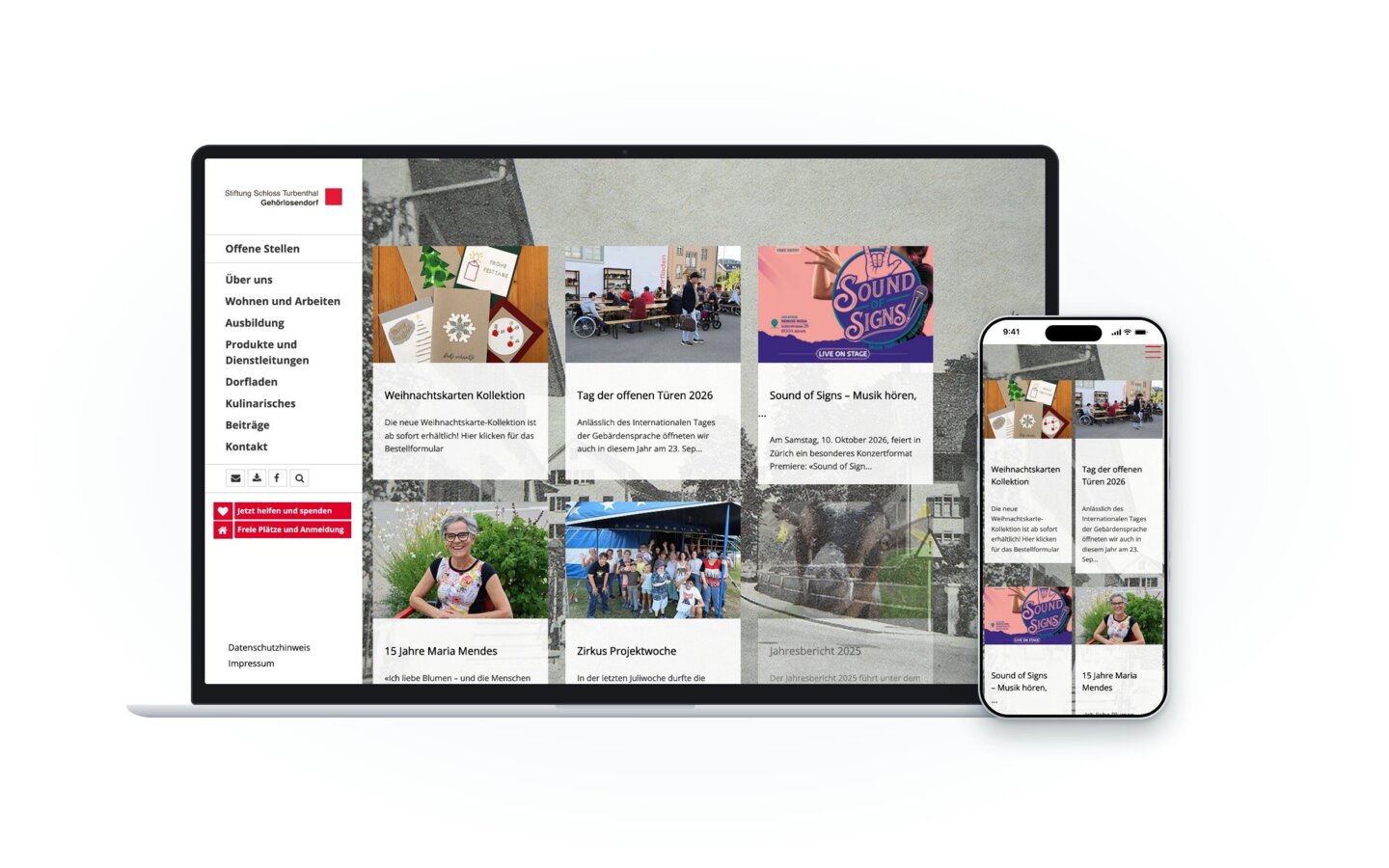 Website des Gehörlosendorfs der Stiftung Schloss Turbenthal auf Laptop und Smartphone