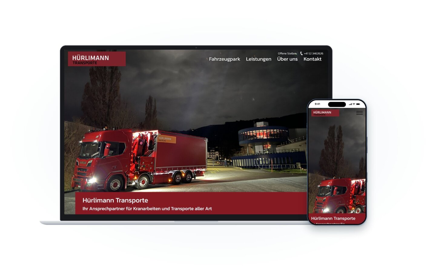 Website von Hürlimann Transporte, Abteilung der Hürlimann Railtec AG auf Laptop und Smartphone