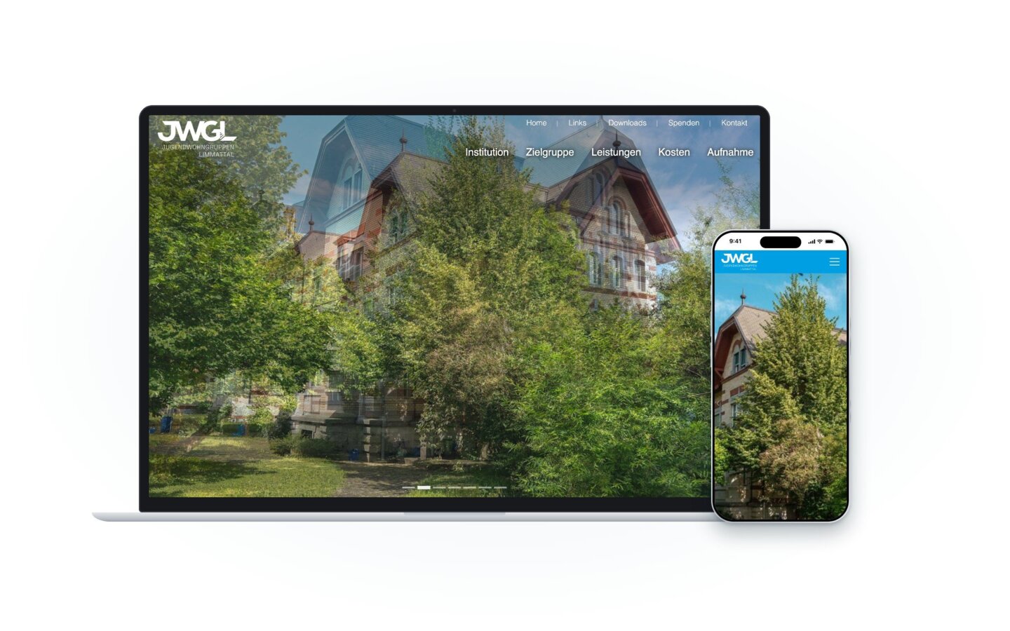 Website der Jugendwohngruppen Limmattal auf Laptop und Smartphone