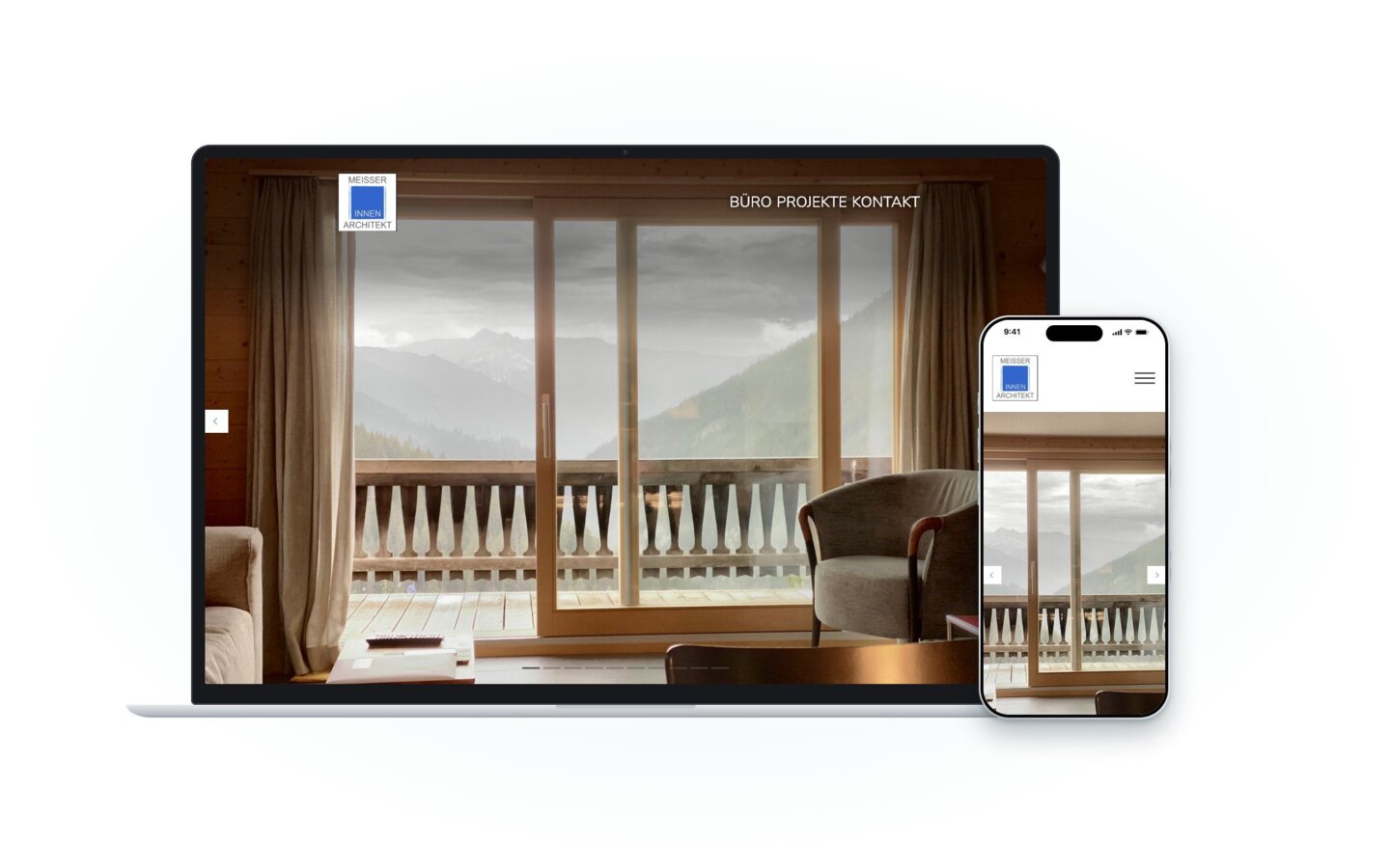 Website der Peter Meisser Architektur Innenarchitektur AG auf Laptop und Smartphone