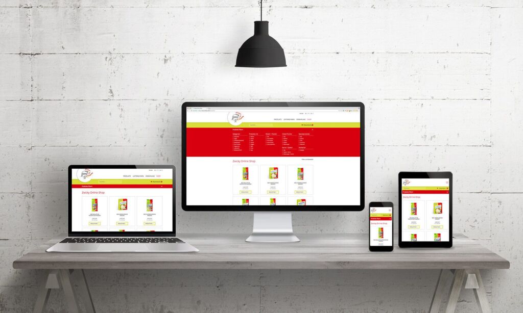 Zwicky-Onlineshop auf Monitor, Laptop, Tablet und Smartphone: Produktfilter nach Kategorien und Produktliste