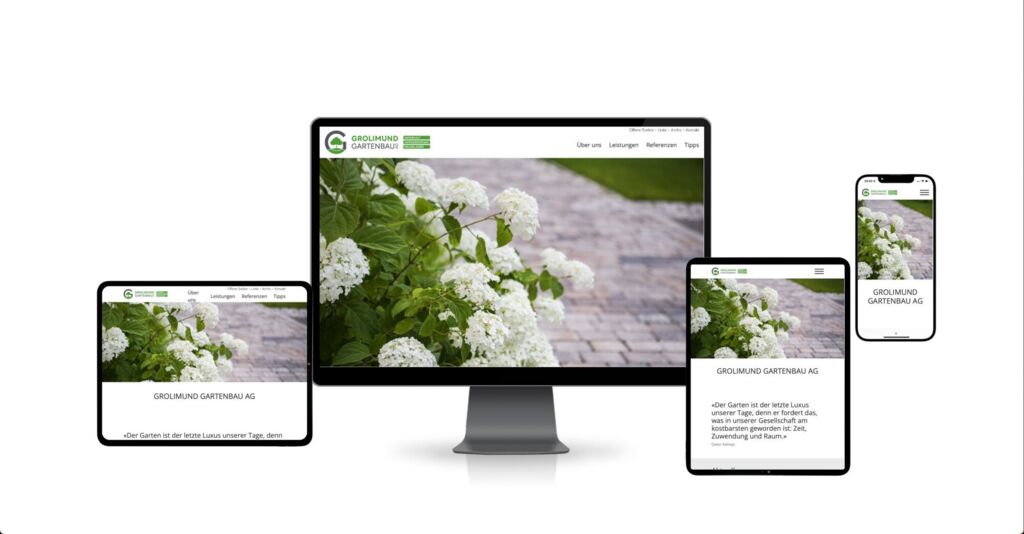 Website der Grolimund Gartenbau AG auf Monitor, Tablets und Smartphone: Startseite mit weissen Hortensien