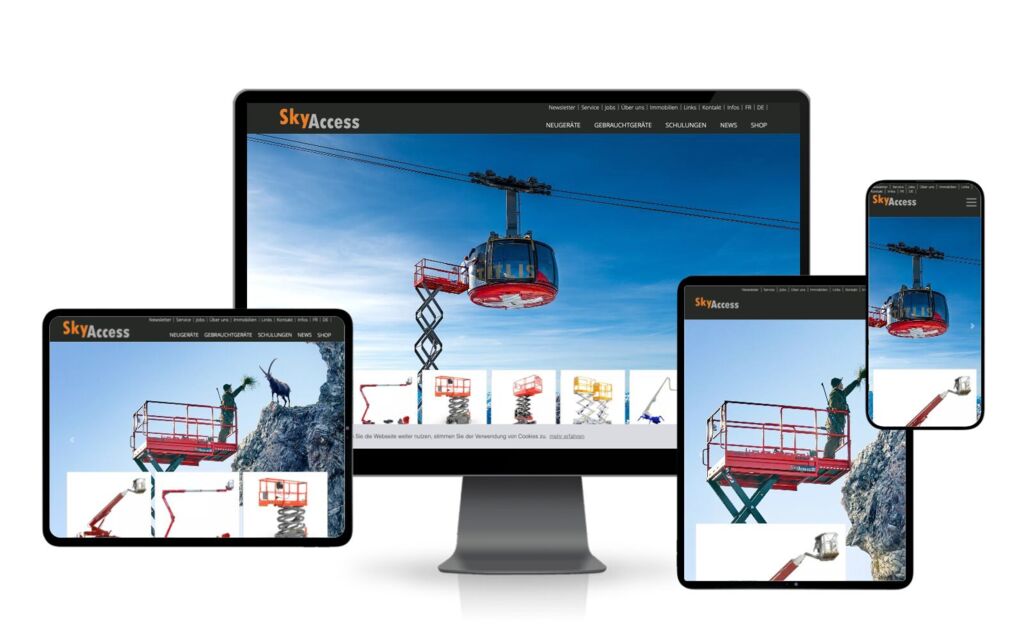 Website von SkyAccess auf Monitor, Tablets und Smartphone: Arbeitsbühnen im Einsatz an einer Seilbahnkabine und an einer Felswand