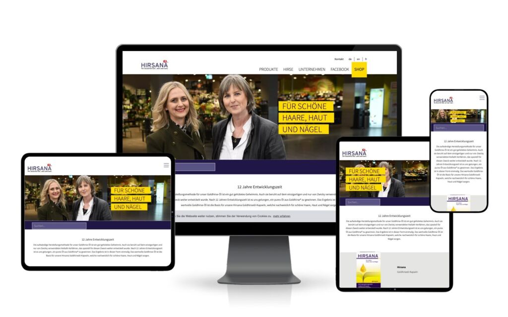Website hirsana.ch auf Monitor, Tablets und Smartphone: zwei lächelnde Frauen und der Slogan «Für schöne Haare, Haut und Nägel»