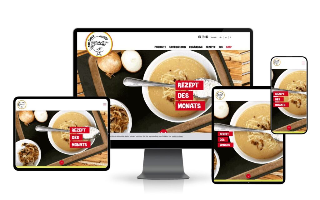 Website zwicky.swiss auf Monitor, Tablets und Smartphone: Startseite mit dem Slider «Rezept des Monats»